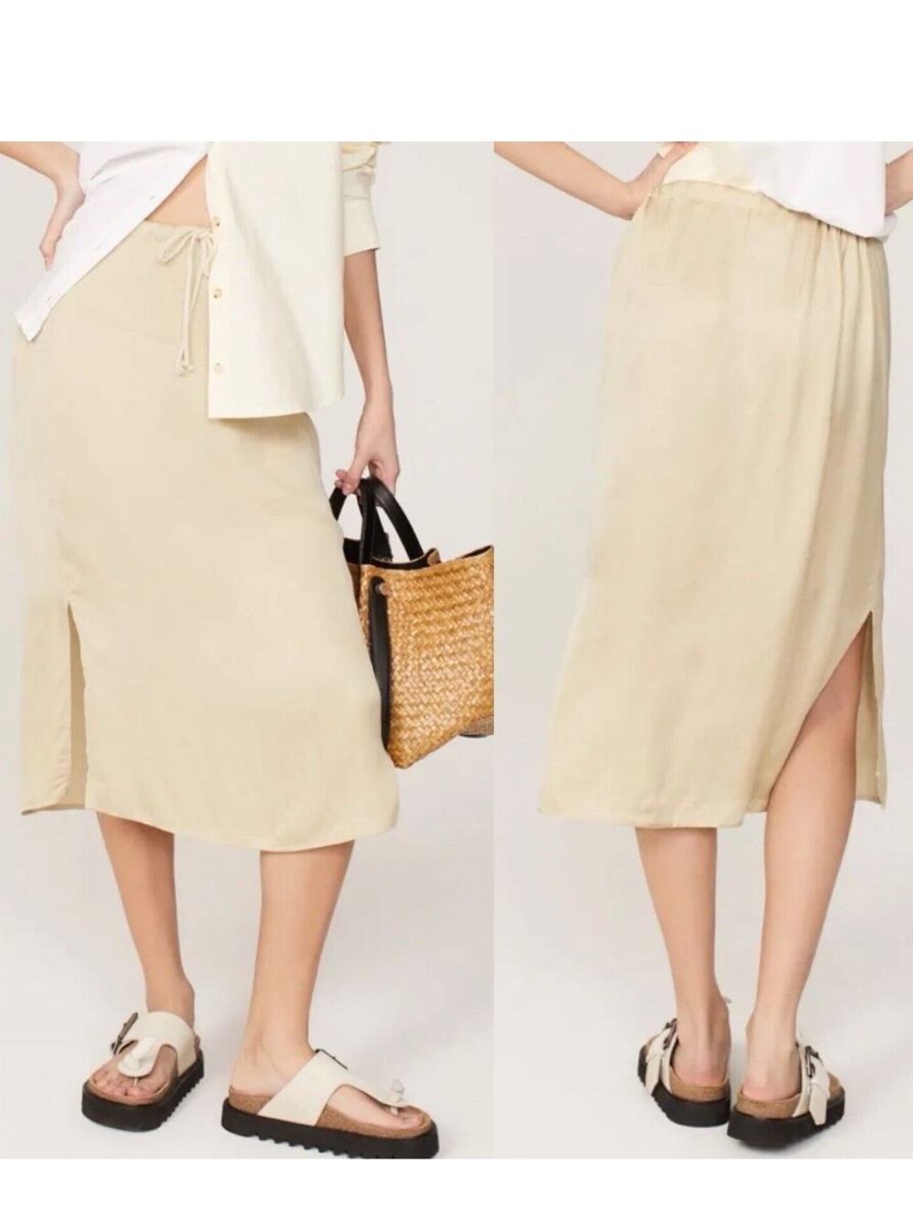 DONNI Skirt Silky Cinch Beige Satin Straight Skirt Tie Closure Size Small/Med